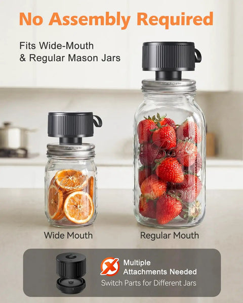 Electric Mason Jar Vacuum Sealer Kit 2026 on wide and regular mouth jars with fruit and dried oranges