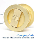 Pocket Door Privacy Lock With Easy Grip Flush Handles Satin Brass Round Knob For Bed And Bath Doors, 2 3 8 Backset, shown face up.