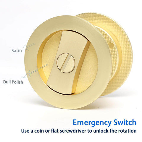 Pocket Door Privacy Lock With Easy Grip Flush Handles Satin Brass Round Knob For Bed And Bath Doors, 2 3 8 Backset, shown face up.