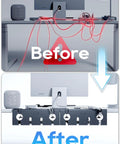 Before and after using No Drill Under Desk Cable Tray Clamp On Metal Wire Organizer for home office cable management, 2 pack.