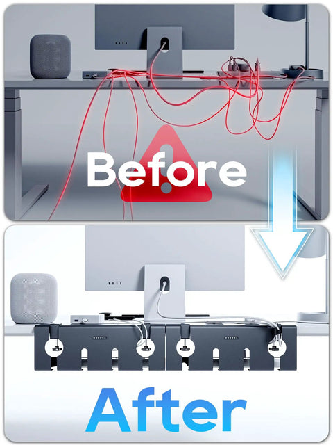 Before and after using No Drill Under Desk Cable Tray Clamp On Metal Wire Organizer for home office cable management, 2 pack.