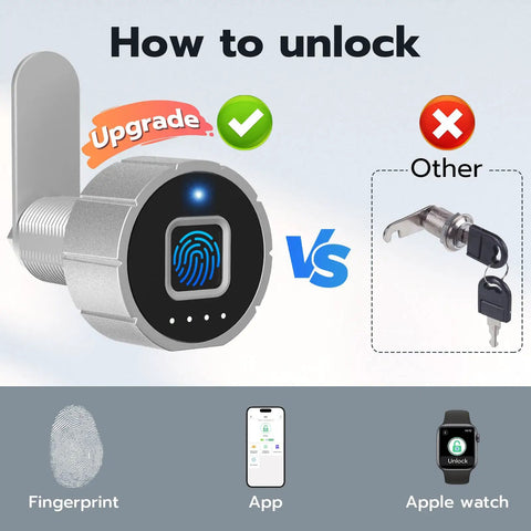 Heavy Duty Biometric Cabinet Lock With Bluetooth Digital Keyless Entry For Metal Storage showing unlocking options versus traditional keys.