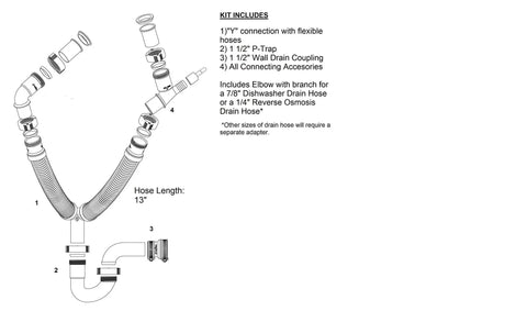 Diagram of Double Bowl Kitchen Sink Drain Kit 1-1/2 Inch With Flexible P-Trap, showing components and hose length specifications.