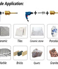 Diagram showcasing the applications of Dry And Wet Diamond Hole Saw Set, 5-Piece Core Drill Bit Kit for various materials with angle grinder.
