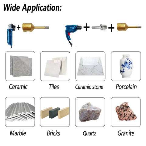 Diagram showcasing the applications of Dry And Wet Diamond Hole Saw Set, 5-Piece Core Drill Bit Kit for various materials with angle grinder.