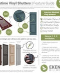 Feature guide for Lifetime Vinyl Shutters with color palette, material info, and installation steps by Ekena Millwork.