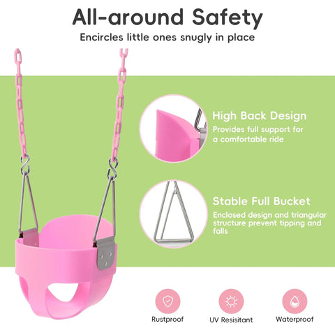 Pink Toddler Swing Seat With Heavy Duty High Back Full Bucket Design For Outdoor Play, plastic chains visible