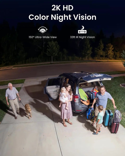 Night view of driveway illuminated by All In One Solar Floodlight Camera With 2K Clarity, Up To 1000 Lumens Motion Activated Light And Siren