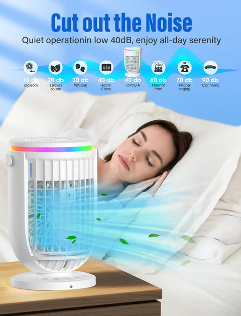 Woman sleeping beside Personal Mini Air Conditioner Fan With 1200ml Water Tank 4 In 1 Evaporative Cooler, showing airflow and night light.