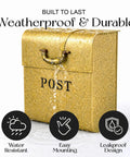 Rust Resistant Metallic Gold Wall Mount Mailbox Built Tough For Outdoors With Powder Coat Finish shown with water resistance feature