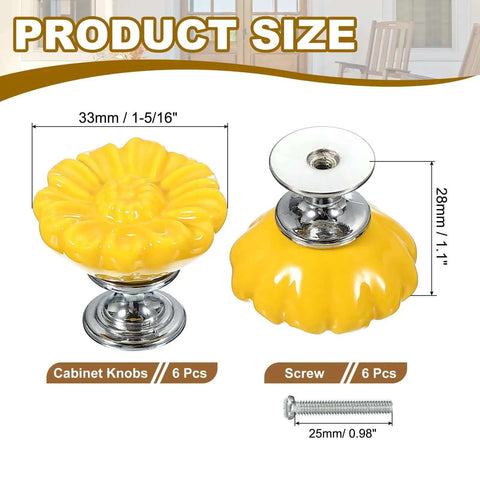Hella Vintage Floral Ceramic Cabinet Knobs Set of Six Yellow Round Drawer Pulls With All Hardware Included product size shown