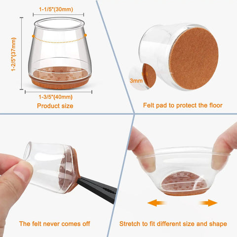 Silicone chair leg floor protectors set with thick elastic pads for hardwood floors, 24 pack clear large size, showing product size and flexibility