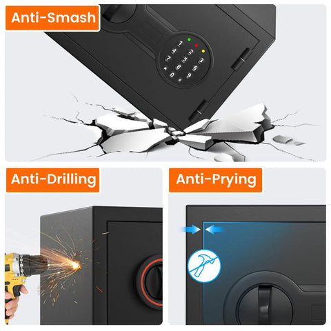 Compact Fireproof Safe For Home And Office With Alarm System, LED Sensor Light shown with anti-smash, drilling, prying features
