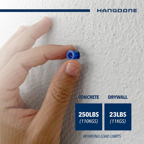 Close-up of hand holding a ribbed nylon wall anchor against a wall, labeled for concrete and drywall load limits.