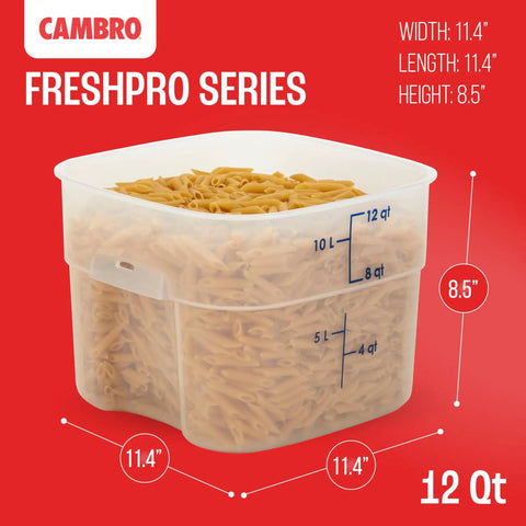 FreshPro 12 Quart Food Storage Container With Lid For Food Prep And Pet Food, BPA Free Clear Polypropylene, filled with pasta