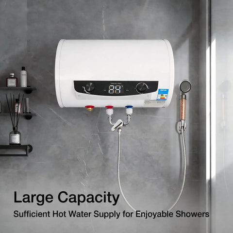 Wall mounted 35 Liter Electric Water Heater 9 Point 25 Gallon 1500 Watt with display for bathrooms and apartments.