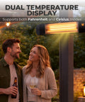 Infrared 1500W Outdoor Patio Heater For Gazebos Pergolas Decks Garages Backyards And Restaurants With Wall And Post Mounted Setup Delivers Instant Carbon Infrared Heat Directly To People And Objects For Easy All Season Comfort installed on a post with dual temperature display