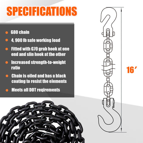Illustration of Grade 80 Log Chain 5/16 Inch By 15 Feet Heavy Duty Beefed Up Transport Chain With Clevis Grab Hooks specifications
