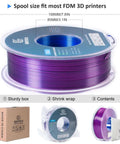 Silk Tri Color PLA Filament For 3D Printers 1.75mm Blue Purple Black spool with box and shrink wrap
