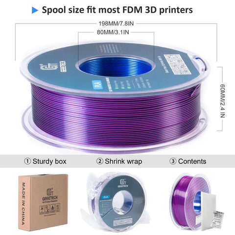 Silk Tri Color PLA Filament For 3D Printers 1.75mm Blue Purple Black spool with box and shrink wrap