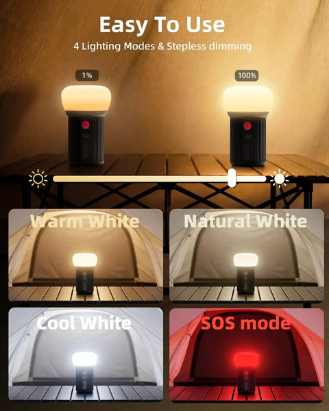 Rechargeable LED Camping Lantern With 6000mAh Battery Emergency Outdoor Tent Light For Power Outages showing 4 lighting modes
