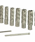 Heavy Duty Magnetic Drill Press Equipped With 13 Piece Annular Cutter Kit showing 13 steel annular cutters and two bits for precision steel cutting.