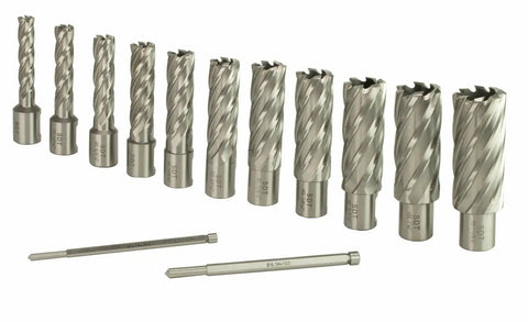 Heavy Duty Magnetic Drill Press Equipped With 13 Piece Annular Cutter Kit showing 13 steel annular cutters and two bits for precision steel cutting.
