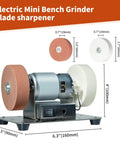 Top Notch Mini Bench Grinder With Dual Ceramic Wheels For Razor Edge Shaving And Heavy Duty Metal Or Wood Carving Solid Steel Base dimensions shown