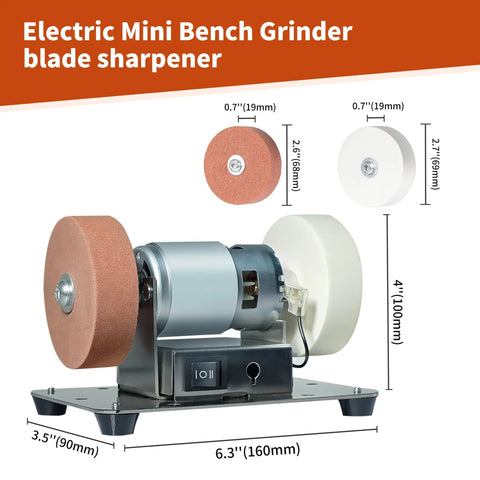 Top Notch Mini Bench Grinder With Dual Ceramic Wheels For Razor Edge Shaving And Heavy Duty Metal Or Wood Carving Solid Steel Base dimensions shown