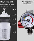 Air regulator and spray cup accessories for Straight Up Pro Quality HVLP Paint Spray Gun Delivers Hella Smooth Finishes With Four Stainless Steel Nozzles 1.4 To 2.5 Mm Plus Twenty Six Hundred Milliliter Disposable Cups And Adapter.