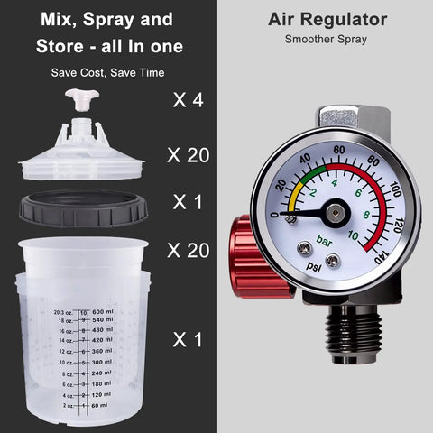 Air regulator and spray cup accessories for Straight Up Pro Quality HVLP Paint Spray Gun Delivers Hella Smooth Finishes With Four Stainless Steel Nozzles 1.4 To 2.5 Mm Plus Twenty Six Hundred Milliliter Disposable Cups And Adapter.