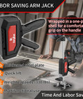 Front and side views of a stainless steel labor-saving arm jack with red label, 2-pack for cabinet installs