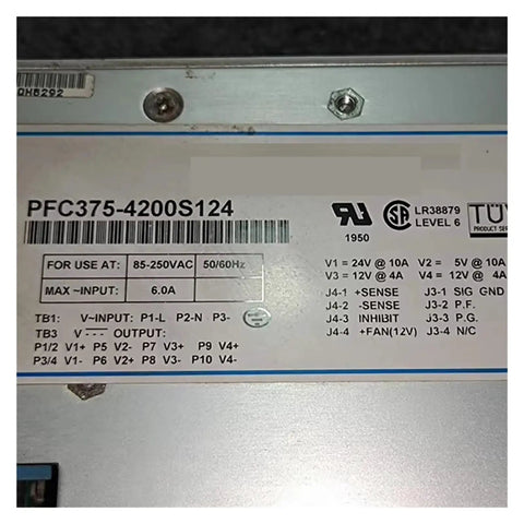 Heavy Duty Industrial Power Supply Featuring Model Pfc375-4200S124 control panel with input and output specifications.