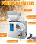Heavy Duty Automatic Granule Filling Machine With Dead On Digital Scale And Three Speed Controls For Hassle Free Subpackaging Of Coffee Beans Rice Flour Spices And Tea, stainless steel body with control panel and discharge port.