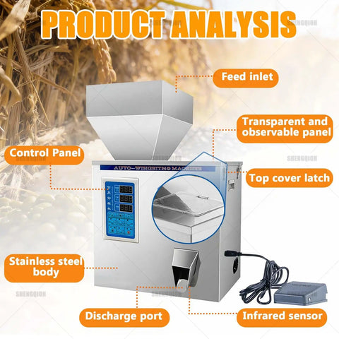 Heavy Duty Automatic Granule Filling Machine With Dead On Digital Scale And Three Speed Controls For Hassle Free Subpackaging Of Coffee Beans Rice Flour Spices And Tea, stainless steel body with control panel and discharge port.