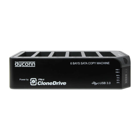 Heavy Hitter USB Three Zero Six Bay Hard Drive Duplicator Fits Two Point Five And Three Point Five Inch Sata Drives Plug And Play One Button Clone Hub view showing SATA copy machine and USB 3.0 ports.