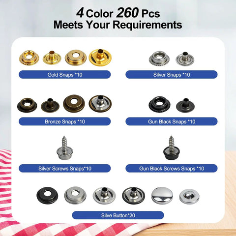 Assorted snaps from Heavy Duty Snap Fastener Tool Kit With 5 Dies And 15mm Metal Snaps 266 Piece Stainless Steel Snap Tool Set In Four Color Finish