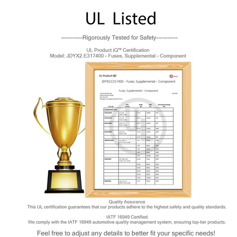 UL certification document for Rock Solid 50 Piece Standard Blade Fuse Assortment Kit ATC ATO APR displayed beside a trophy.