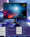 Front view of 19-Inch HD Plus 1440x900 Monitor for laptops and desktops with slim LED display, anti-glare, HDMI, and VGA ports