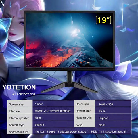 Front view of 19-Inch HD Plus 1440x900 Monitor for laptops and desktops with slim LED display, anti-glare, HDMI, and VGA ports