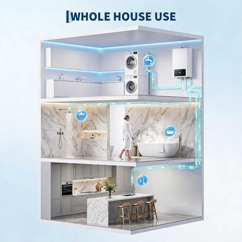 Diagram showcasing Ridiculously Fast Natural Gas Tankless Water Heater Dropping Instant Hot Water On Demand For Whole House Homes With Slick Digital Temperature Control And Zero Downtime Action in multi-room setup.