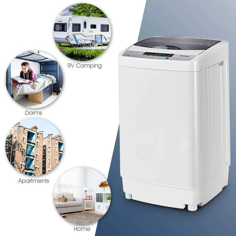 Straight Up Reliable Portable Full Automatic Washing Machine With Built In Drain Pump And Smart Digital Controls 12 Pound capacity shown in various living settings.