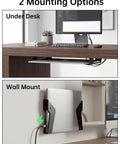 Image showing two mounting options for Heavy Duty Under Desk Laptop Mount And Wall Holder Adjustable Metal Bracket for home office.