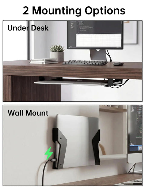 Image showing two mounting options for Heavy Duty Under Desk Laptop Mount And Wall Holder Adjustable Metal Bracket for home office.