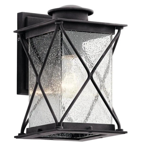 Argyle 10.25 Inch One Light Outdoor Wall Light With Clear Seeded Glass In Weathered Zinc showing crisscross design and seeded glass