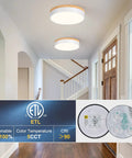 Dimmable Wood Flush Mount Ceiling Light With Round Minimalist Design visible in hallway installation, showcasing LED fixture.