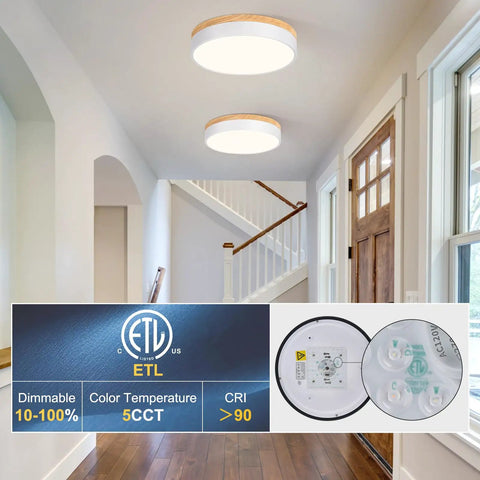 Dimmable Wood Flush Mount Ceiling Light With Round Minimalist Design visible in hallway installation, showcasing LED fixture.