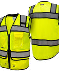 Class 2 High Visibility Safety Vest In Neon Green With Hella Breathable Mesh Back And No Sweat Neck Padding For Heavy Duty Construction Sites Demanding Top Tier ANSI Compliance, front and back view.