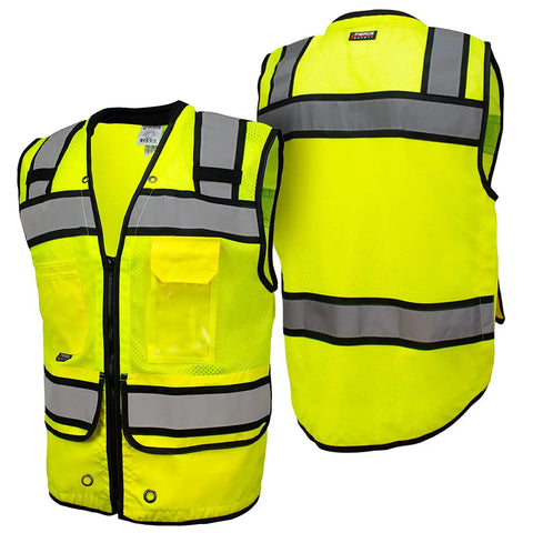 Class 2 High Visibility Safety Vest In Neon Green With Hella Breathable Mesh Back And No Sweat Neck Padding For Heavy Duty Construction Sites Demanding Top Tier ANSI Compliance, front and back view.