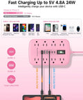 Pink 5 Foot Extension Cord With Surge Protector Six USB Ports Super Handy Three USB C Quick Charge Ports And Three USB A Smart Charging Tech Cute Kawaii Style For Home Office Desk Setup And TV Stand, 24W USB-C